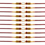 Set of ten gold-toned designer stone rakhi bracelets with oval crystals and rudraksha beads for raksha bandhan