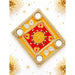 Decorative swastik rangoli mat with a golden and red embroidered diya tray featuring four pearl and gemstone adorned tealight holders
