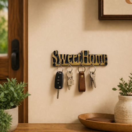 Handmade wooden brass-colored key holder with sweet home engraving and four hooks for keys and accessories organization