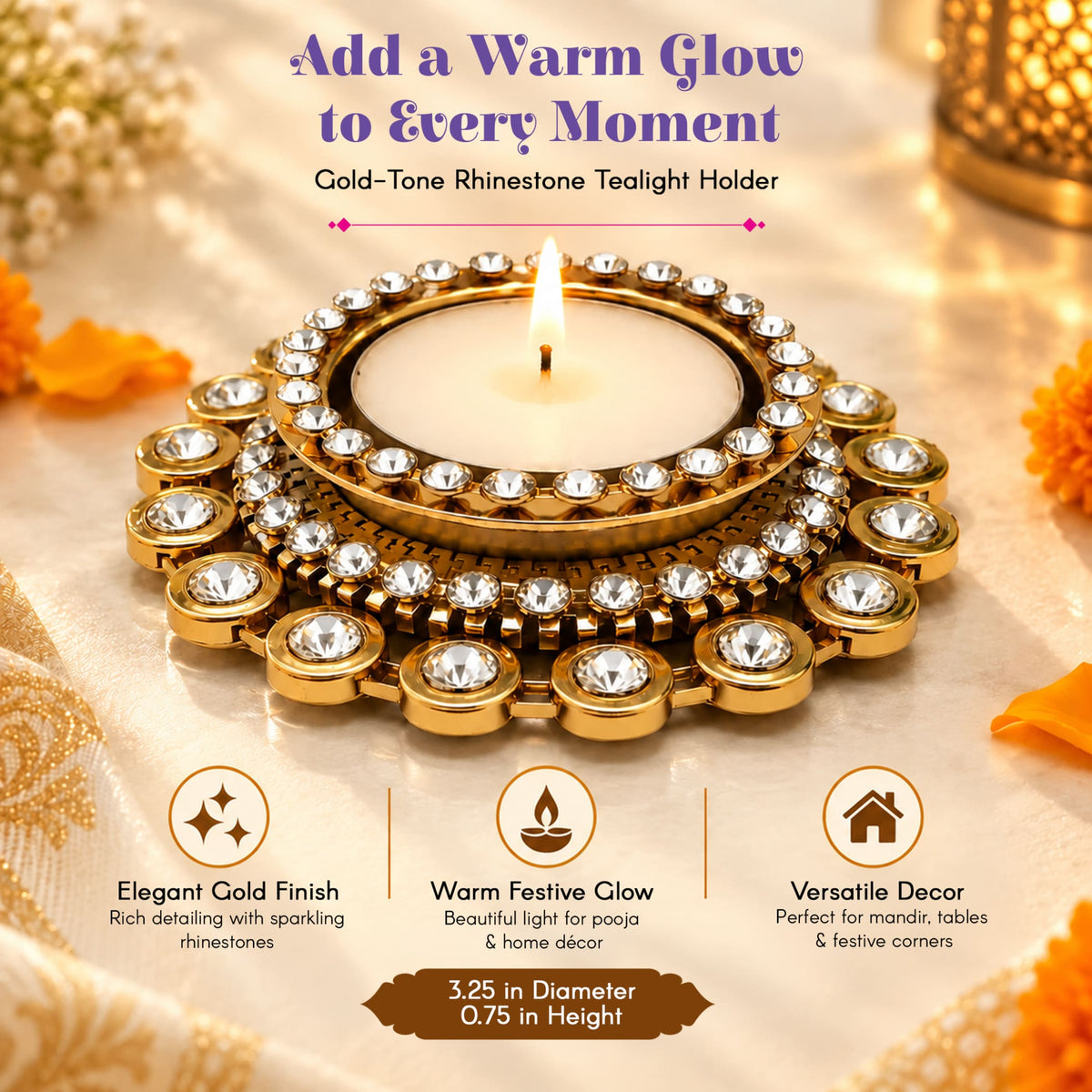 Gold-toned crystal-adorned tea light candle holder with tiered ornate design for diwali pooja and festive home decor