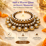 Gold-toned crystal-adorned tea light candle holder with tiered ornate design for diwali pooja and festive home decor