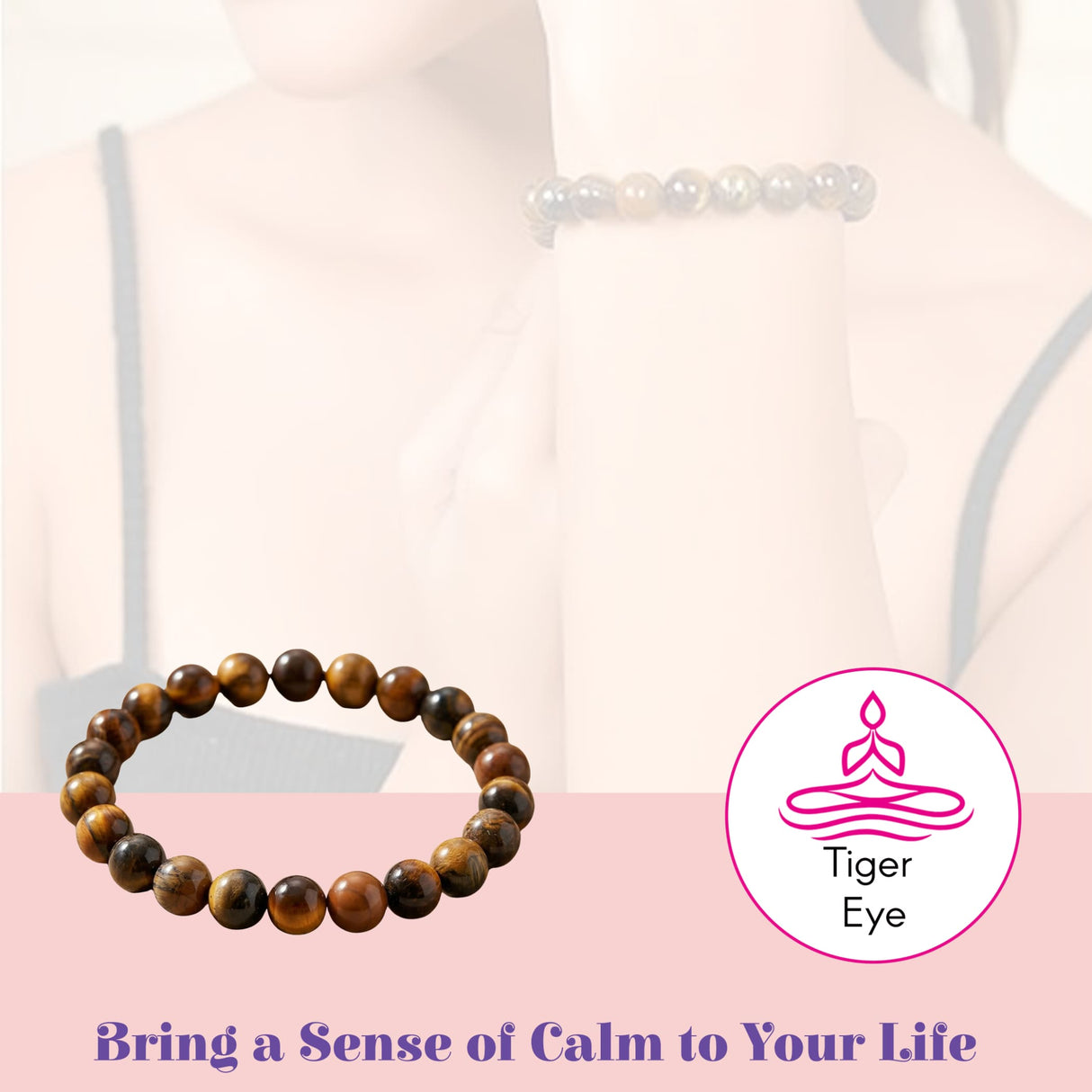 Tiger eye bracelet for men and women with smooth round 8mm brown and gold striped natural stone beads for meditation