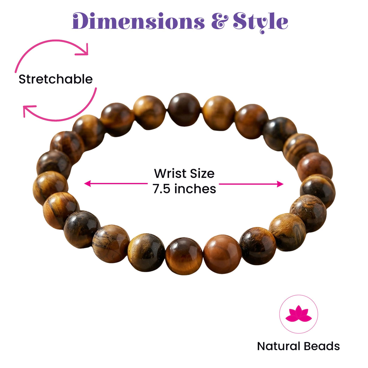 A stretchable tiger eye bracelet with 8mm natural stone beads in warm brown and golden hues for meditation and healing