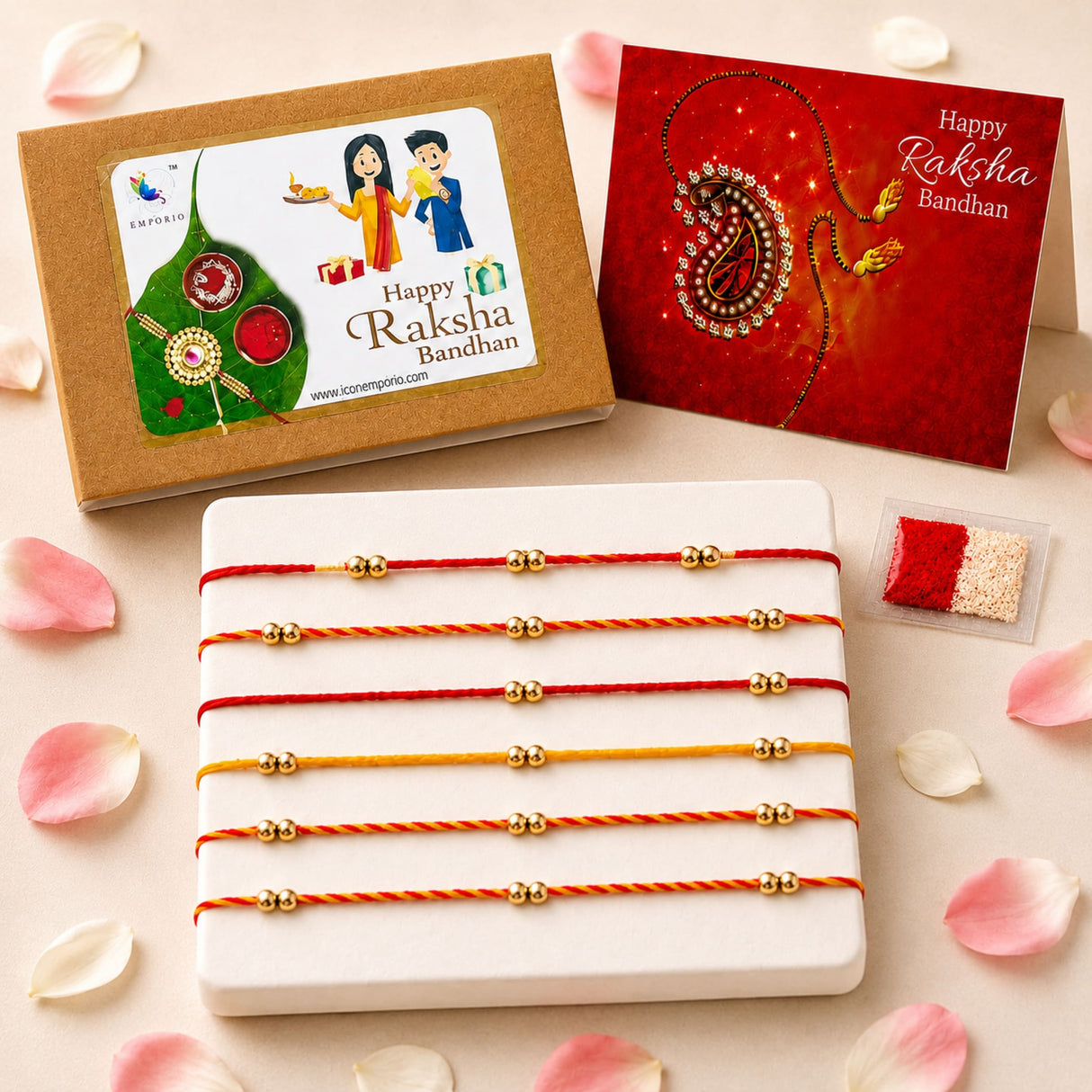 Set of five colorful red orange and yellow braided ghungroo rakhi strings with gold bead accents for protection and good luck