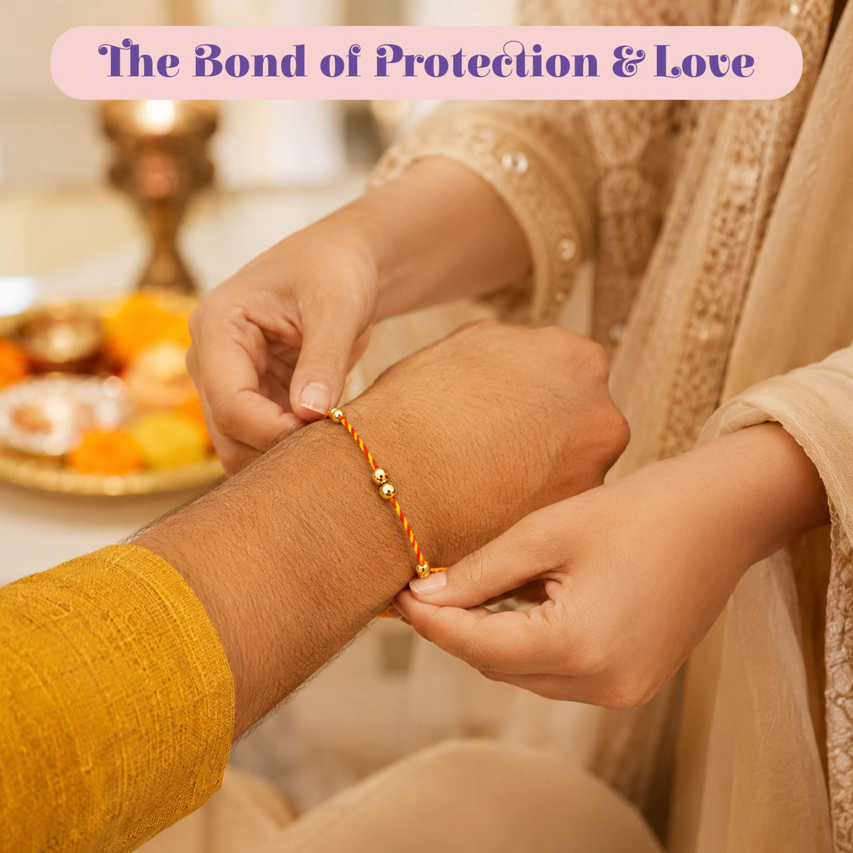Orange and gold thread ghungroo rakhi with small golden beads for brother and bhabhi traditional Indian bracelet gift