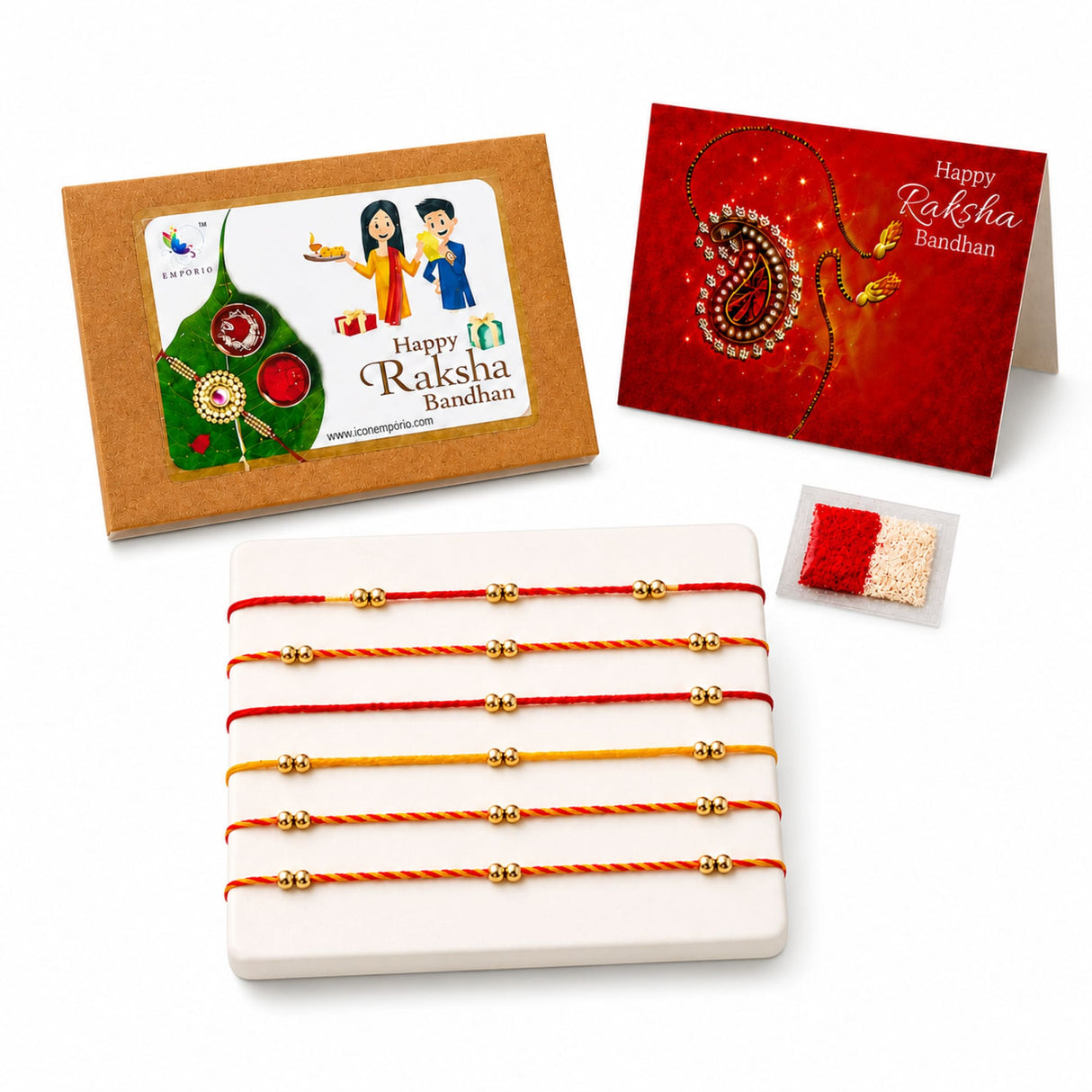 Set of six red yellow and orange braided ghungroo rakhi bands with gold bead accents for brother and bhabhi gift