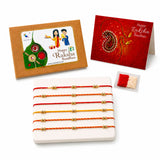 Set of six red yellow and orange braided ghungroo rakhi bands with gold bead accents for brother and bhabhi gift