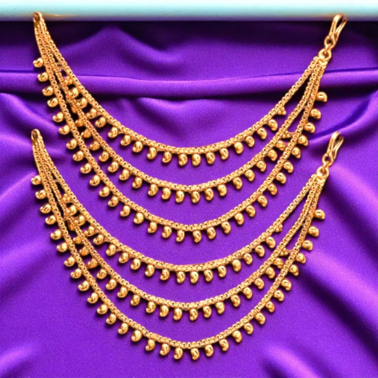 Gold-colored multi-strand ear chains for Indian traditional wedding jewelry and accessories