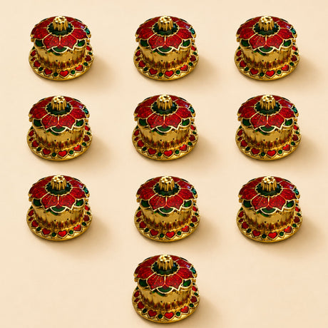 Golden incense burner with red and green enamel floral design traditional floral red haldi kumkum holder for pooja