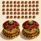 Golden flower-shaped traditional floral red haldi kumkum holder with red and green enamel for pooja and indian gifts
