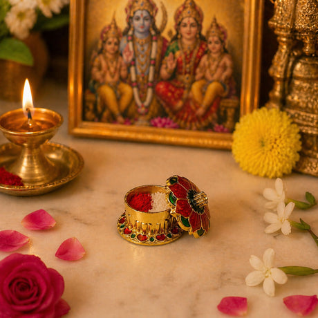 Traditional floral red haldi kumkum holder gold-colored ornate flower-shaped box with red and green enamel detailing