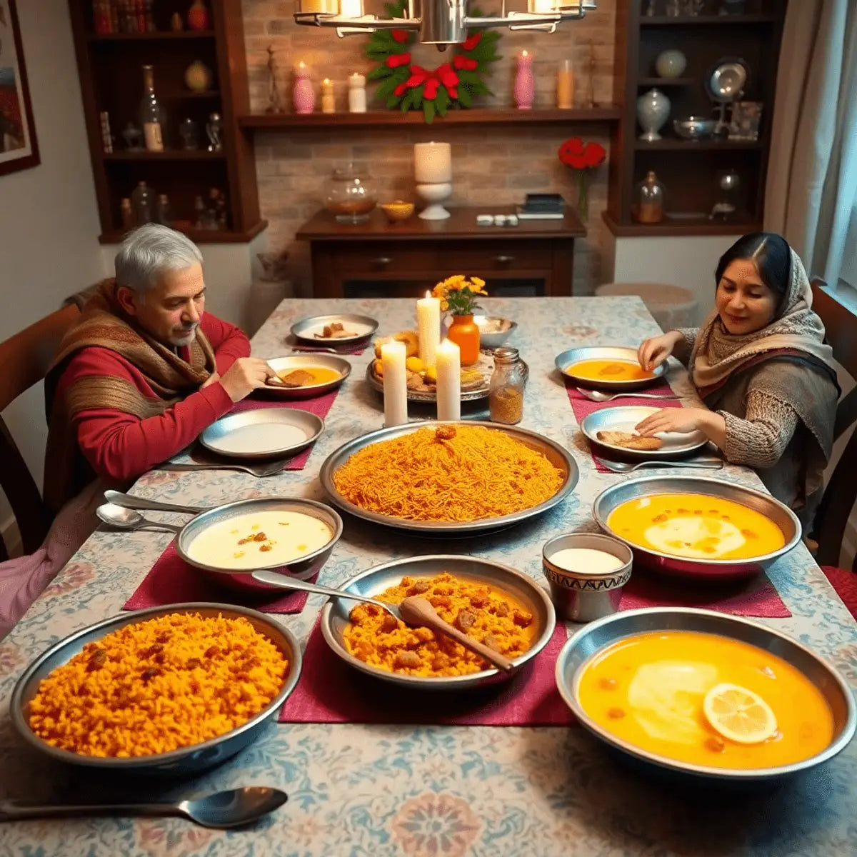 A beautifully set dining table with colorful biryani and creamy kheer, surrounded by cozy decorations, creating a warm atmosphere of togetherness.