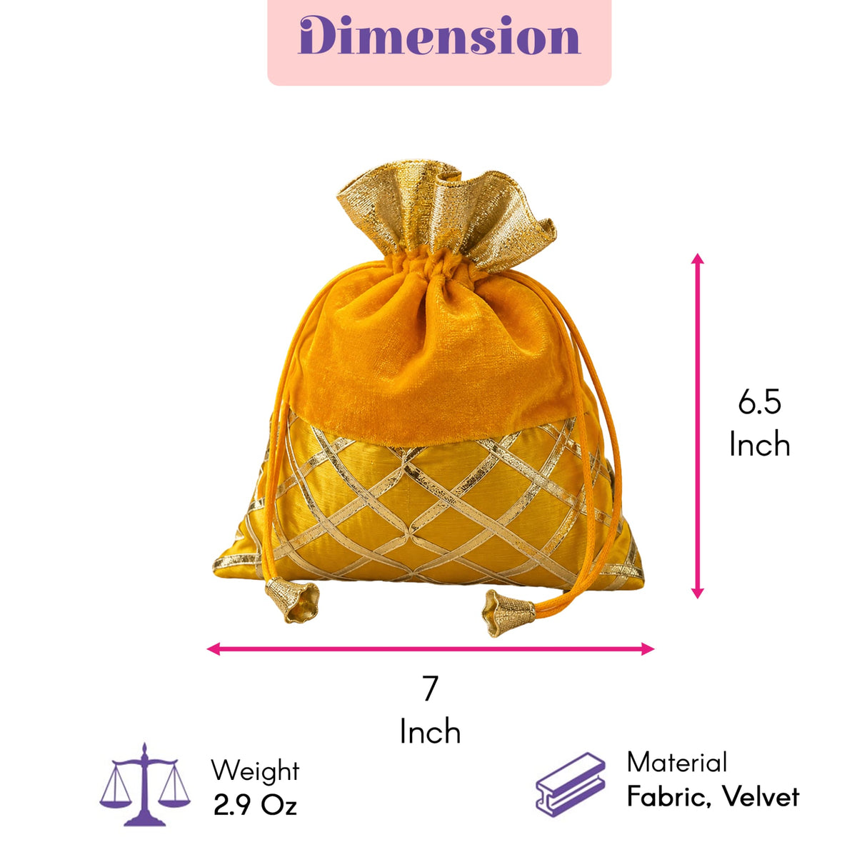 A golden yellow velvet potli bag with gota patti work and drawstring tassels for festive and wedding use