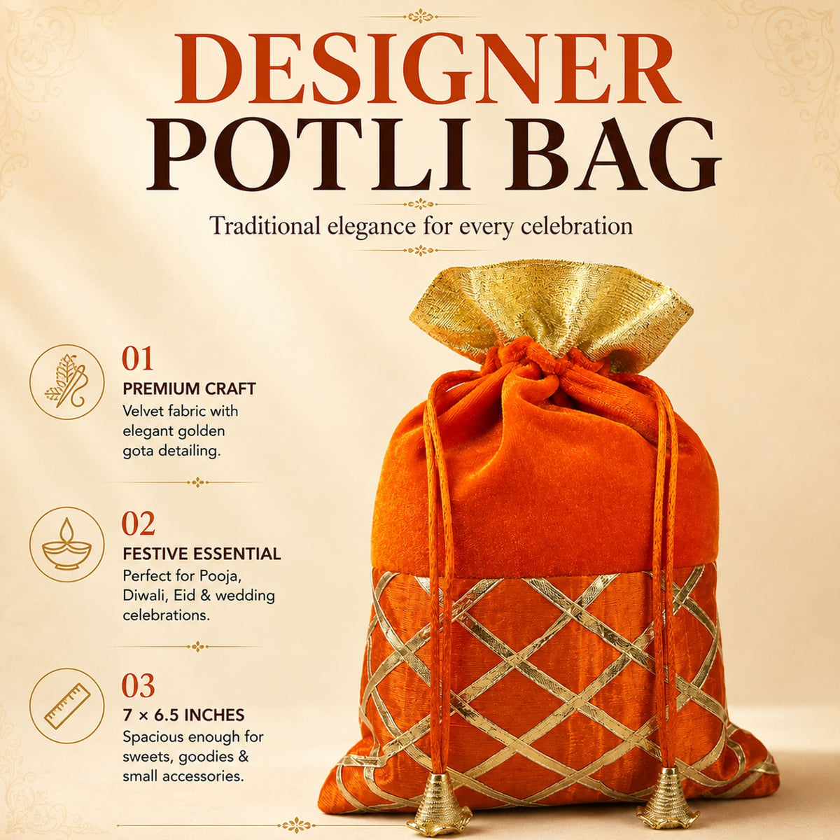 Orangish-red velvet potli bag with golden gota patti work and drawstring closure for festive and wedding use