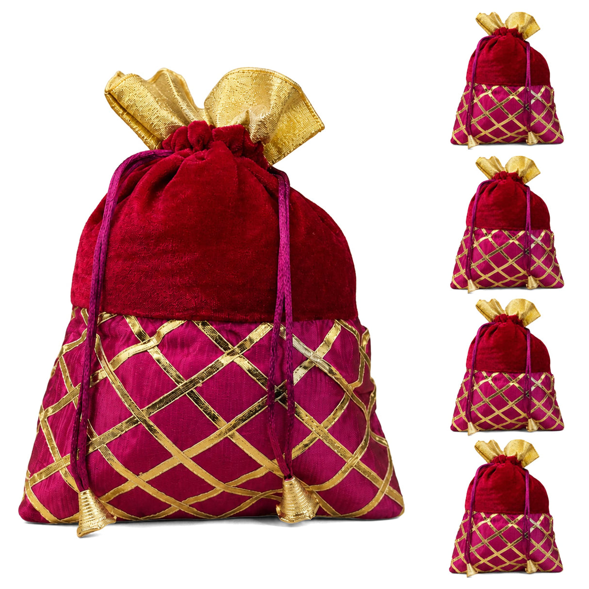 Traditional indian red velvet potli bag with magenta satin gota patti embroidery and golden tassels for festive use