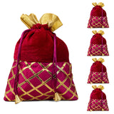 Traditional indian red velvet potli bag with magenta satin gota patti embroidery and golden tassels for festive use