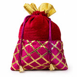 A vibrant red and magenta velvet traditional Indian potli bag with gota patti work and gold ribbon bow for festive occasions