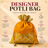 Golden velvet traditional Indian potli bag with intricate silver lattice detailing and drawstring closure for festive use