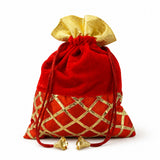 Red velvet drawstring potli bag with gold gota patti lattice design and golden bow for festive and wedding use