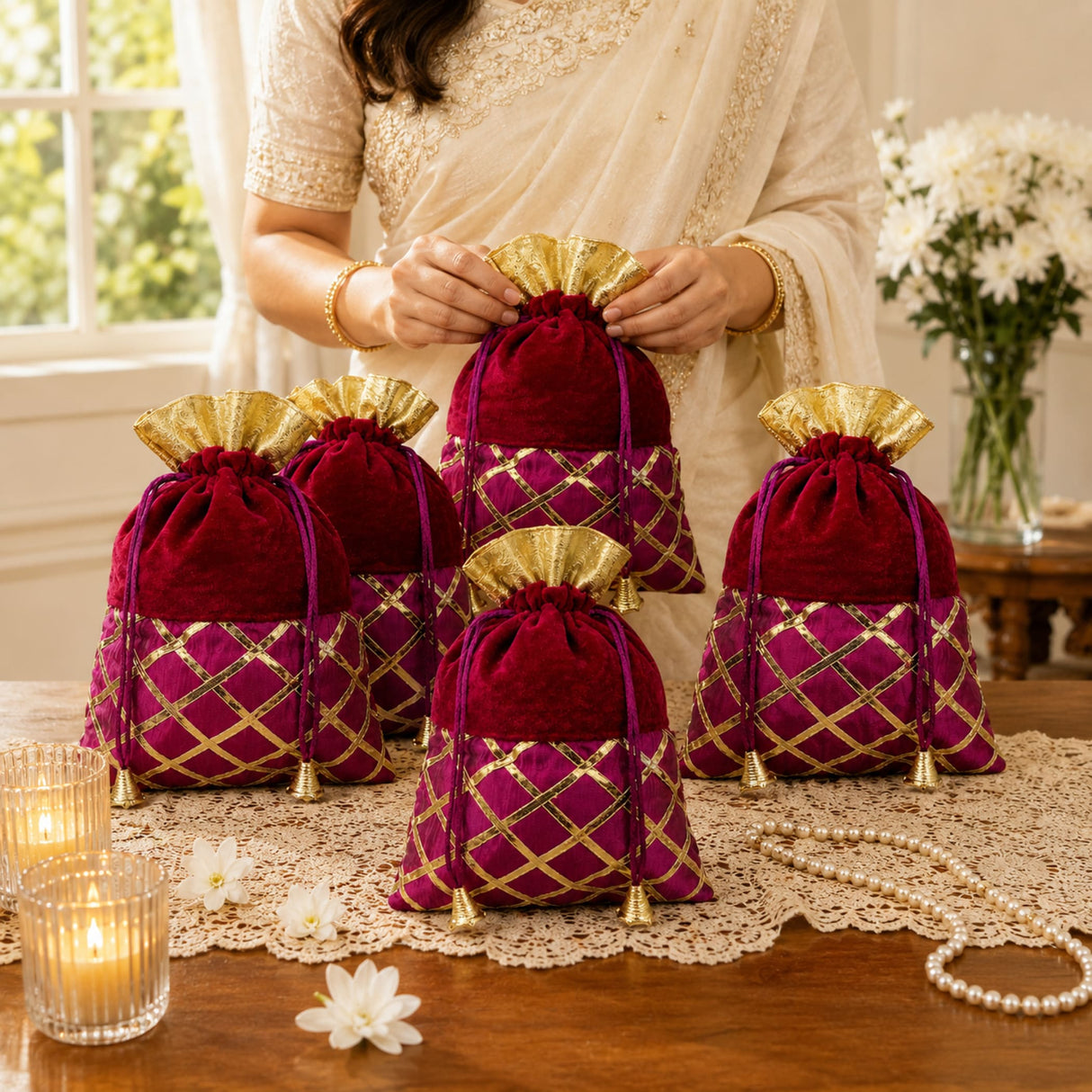 Traditional Indian velvet potli bags in maroon and purple with gold gota patti work and bells for festive pooja and gifts