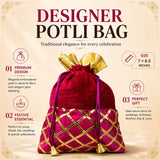 Traditional Indian magenta velvet potli bag with gold lattice gota patti work and golden drawstring for festive occasions