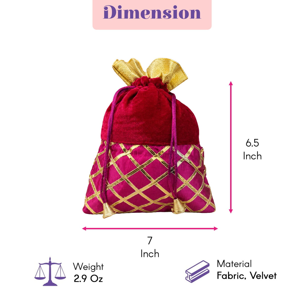 A vibrant magenta velvet traditional Indian potli bag with gold gota patti lattice and drawstring for festive occasions