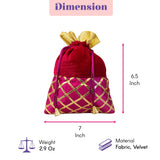 A vibrant magenta velvet traditional Indian potli bag with gold gota patti lattice and drawstring for festive occasions