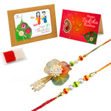 Traditional floral pearl bhai bhabhi rakhi combo set with colorful floral rakhi adorned with pearls and rainbow beads