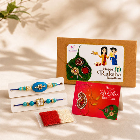 Traditional lumba rakhi set featuring a blue and turquoise beaded bracelet with a central blue oval pearl pendant