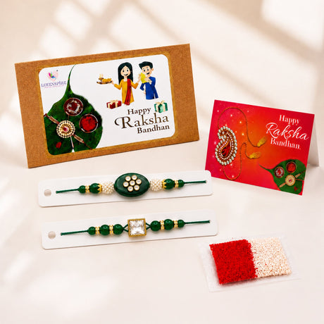 Traditional lumba rakhi set featuring green and gold rakhi with oval pearl and clear stone embellishment for raksha bandhan gift