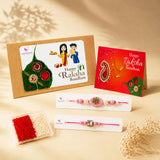 Traditional lumba rakhi set featuring a pink beaded rakhi with central floral design and gold accents for raksha bandhan