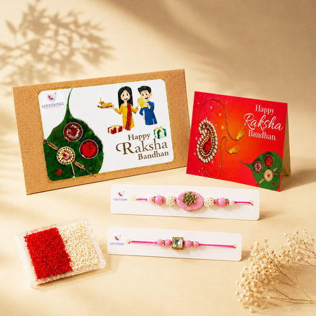 Traditional lumba rakhi set featuring a pink beaded rakhi with central floral design and gold accents for raksha bandhan