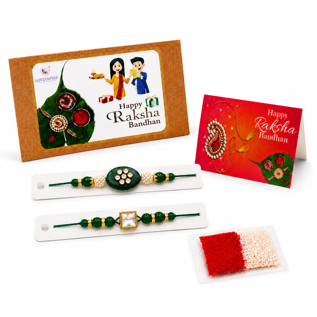 Traditional lumba rakhi set featuring green and gold bracelet with central oval green stone and pearls for raksha bandhan gift