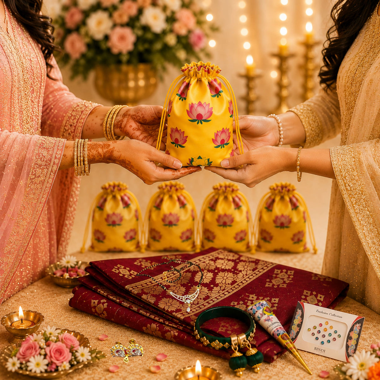 Yellow drawstring potli bag with pink lotus floral pattern for karva chauth puja gift hamper and festive return gifts