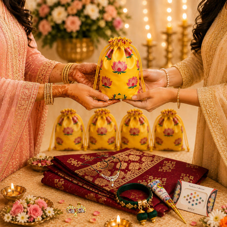 Yellow drawstring potli bag with pink lotus floral pattern for karva chauth puja gift hamper and festive return gifts
