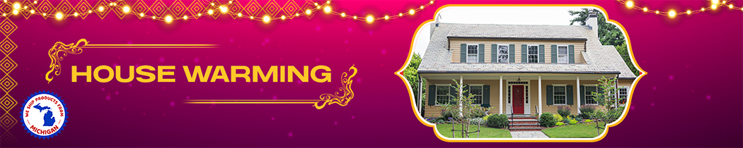 Traditional white two-story house with dormers and a front porch beneath string lights on a housewarming banner.