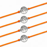 Four bright orange cord bracelets with silver toned tree of life charm for traditional raksha bandhan gift