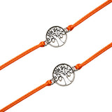 Orange cord rakhi bracelet featuring silver-toned circular tree of life charm for brother and bhabhi gift