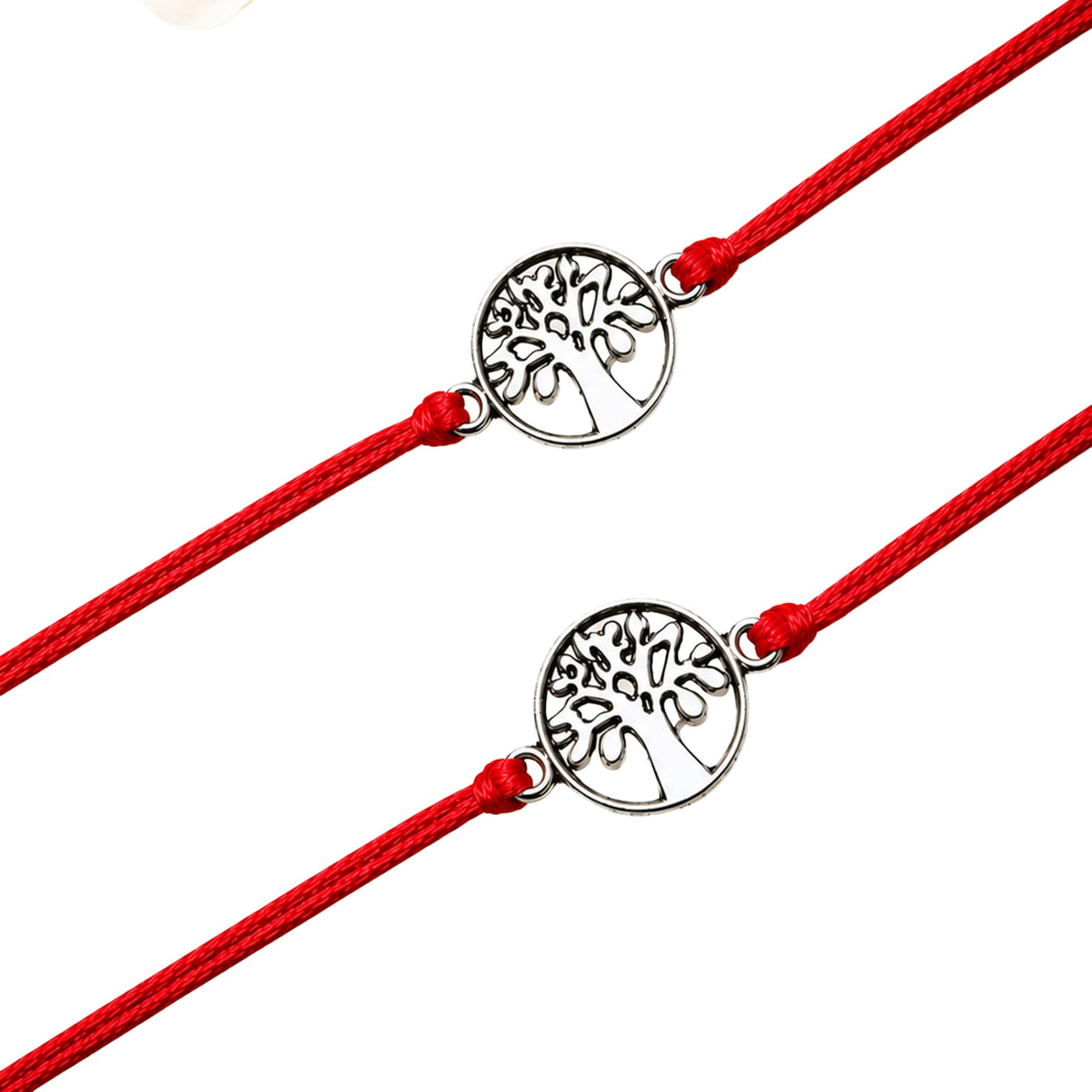 Red cord bracelet with a silver-toned circular tree of life charm for raksha bandhan protection and good luck gift