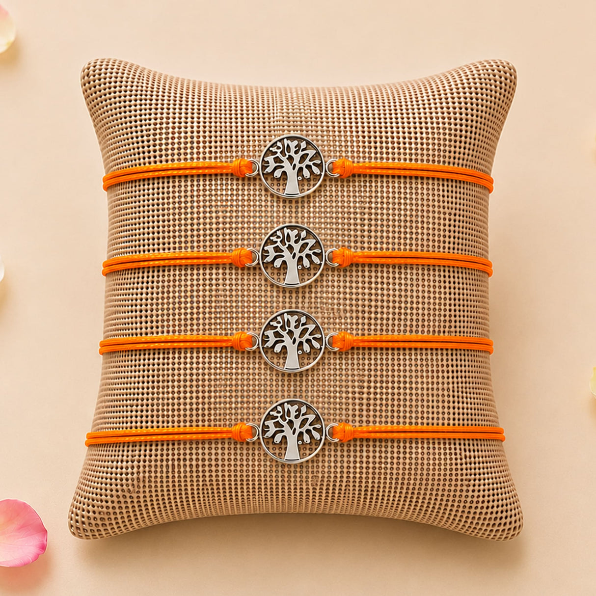 Four orange cord bracelets with silver toned tree of life charms traditional rakhi for brother and bhabhi gift