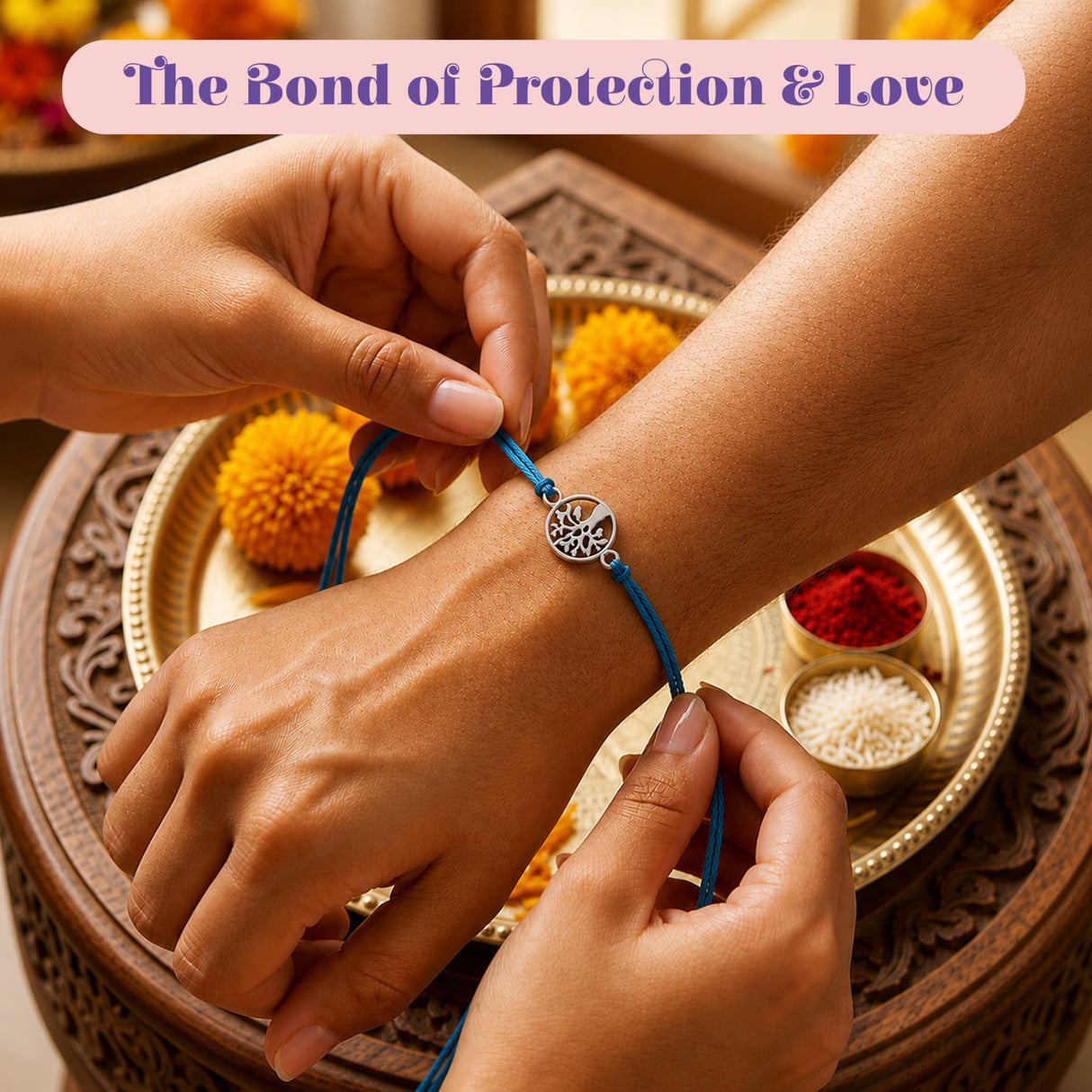 A delicate blue cord tree of life charm rakhi with silver-toned circular charm for brother and bhabhi protection gift