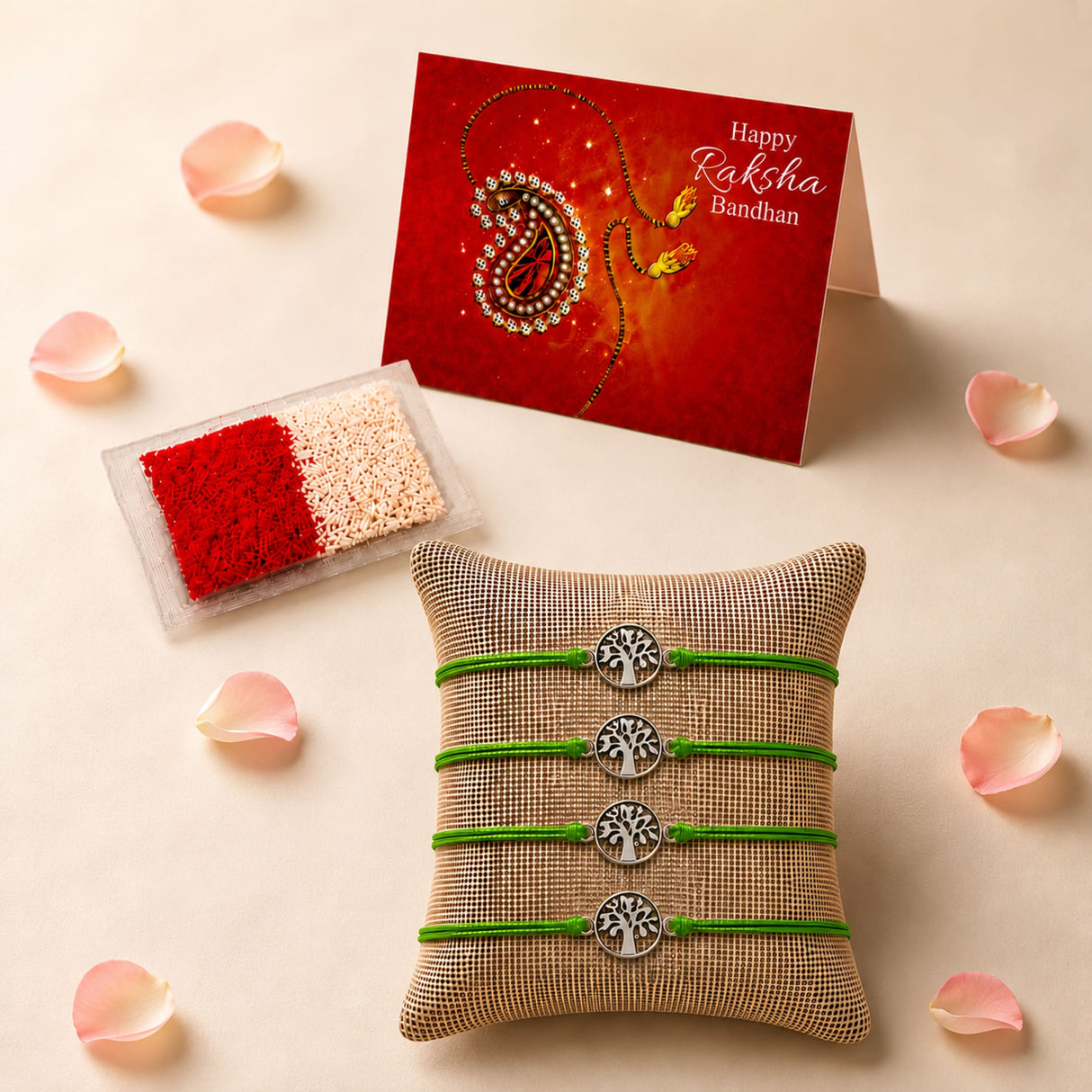 Set of four green cord tree of life charm rakhi bracelets displayed on burlap pillow for brother and bhabhi gift