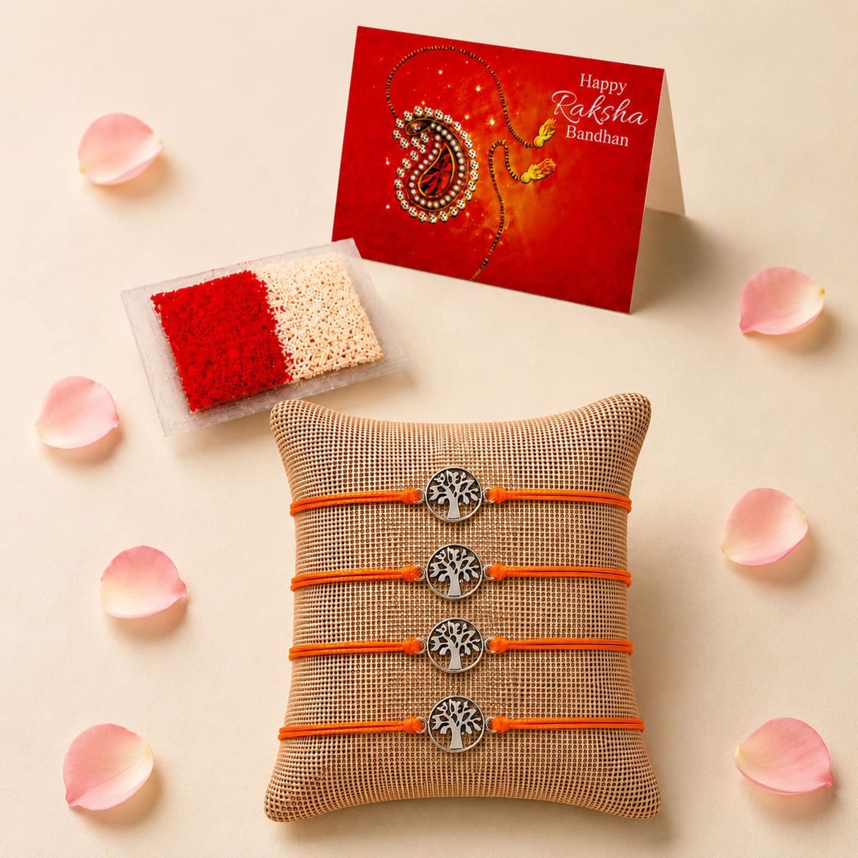Four orange cord bracelets with silver tree of life charms on burlap pillow traditional raksha bandhan jewelry gift