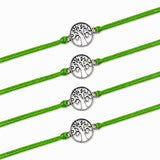 Four bright green cord tree of life charm rakhis with silver toned intricate cut out design for brother and bhabhi