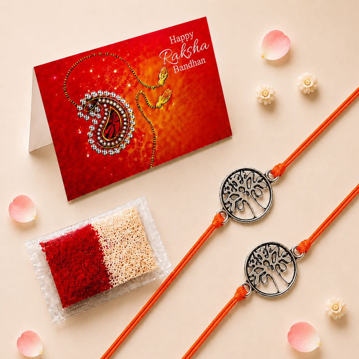 Two orange cord rakhi bracelets with silver tree of life charms for brother and bhabhi traditional protection jewelry gift
