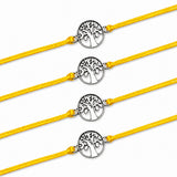 Four silver tone tree of life charm bracelets with intricate pendants on yellow cords for raksha bandhan gifts