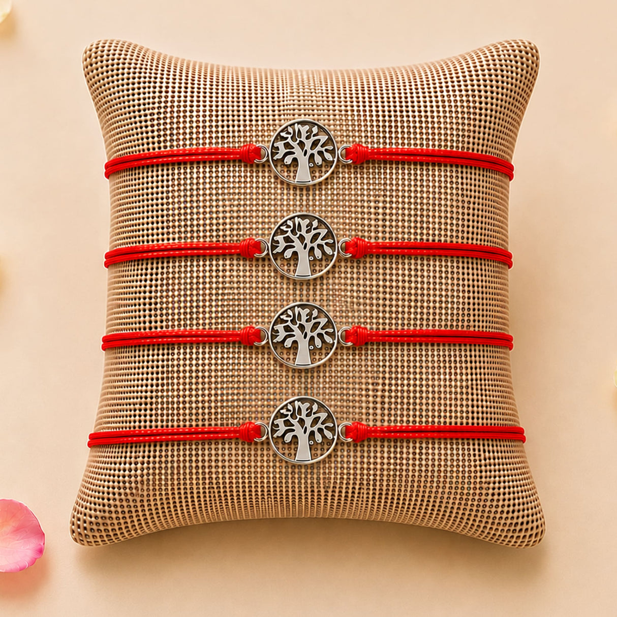 Four red cord tree of life charm rakhis with silver toned circular pendants for brother and bhabhi protection gift