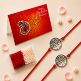 Two red cord rakhis with silver-toned tree of life charm for brother and bhabhi traditional protection jewelry gift