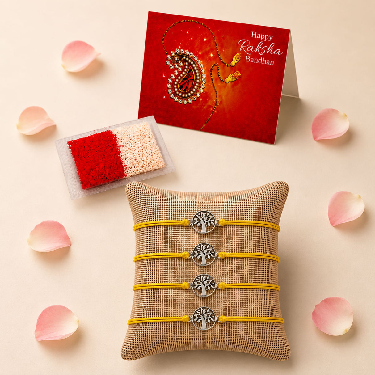 Four yellow corded tree of life charm rakhis with silver pendants on a beige burlap cushion for Raksha Bandhan gift
