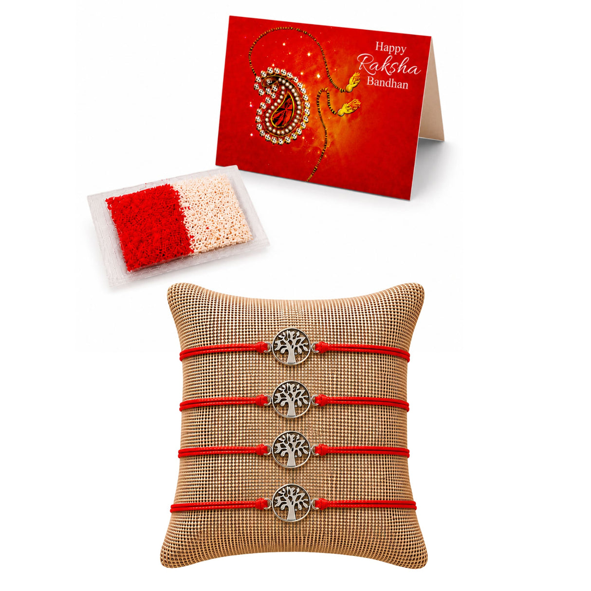 Set of four red cord bracelets with silver tree of life charms on a burlap pillow for raksha bandhan gift